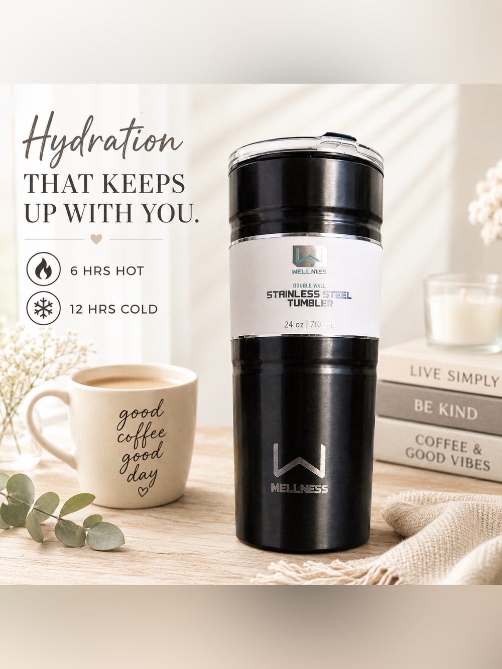 Wellness 24 oz Double Wall Stainless Steel Insulated Travel Tumbler Black NWT